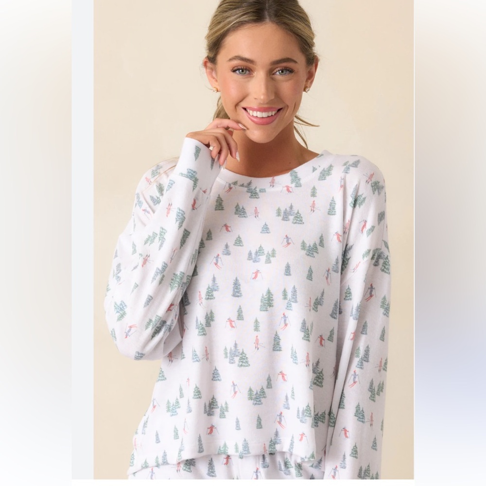 Alpine White  Pajama Top with Ski and Tree Print